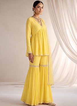 Yellow Beads Sequins Georgette Sharara Suit