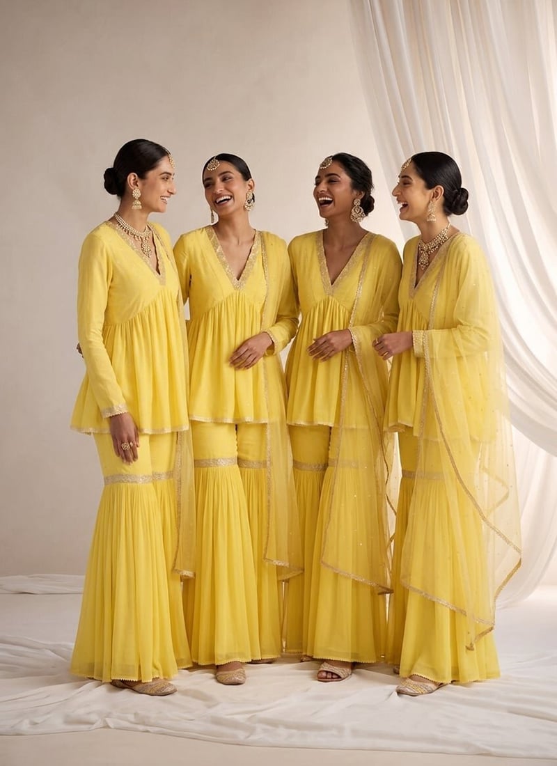 Yellow Beads Sequins Georgette Sharara Suit Festive Wear