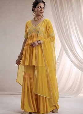Yellow Beads Sequins Hand Embroidered Silk Sharara Suit