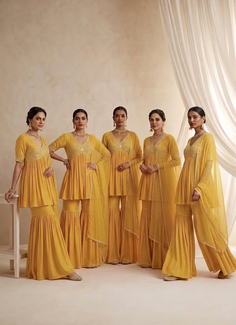 Yellow Beads Sequins Hand Embroidered Silk Sharara Suit Festive Wear