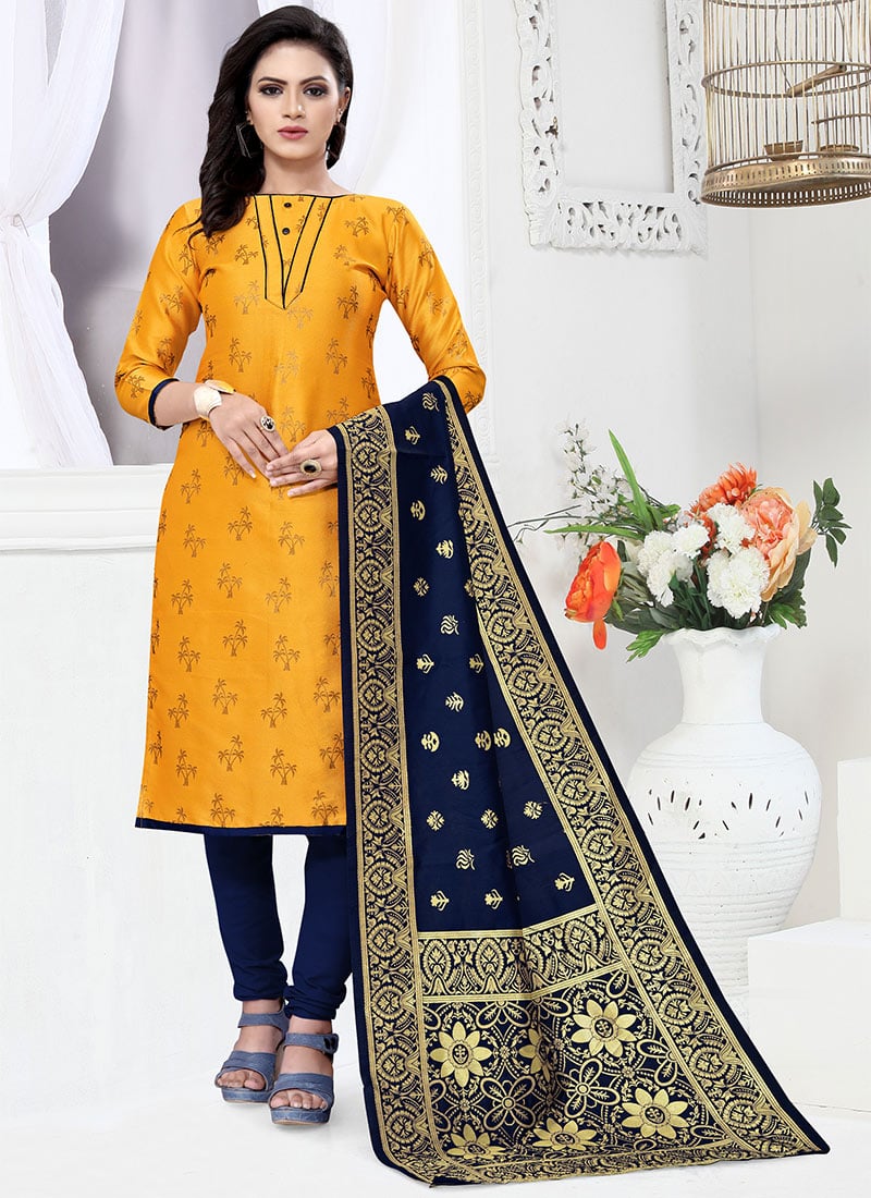 Yellow Benarasi Art Silk Churidar Suit