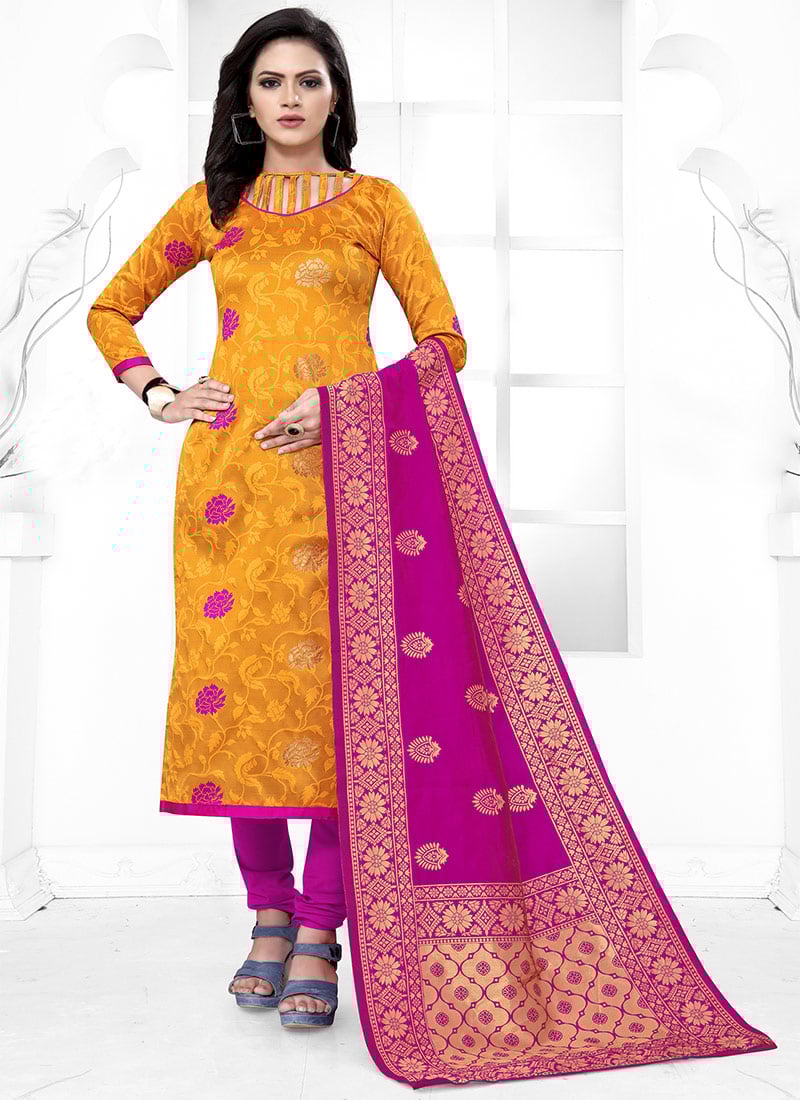 Yellow Benarasi Art Silk Churidar Suit