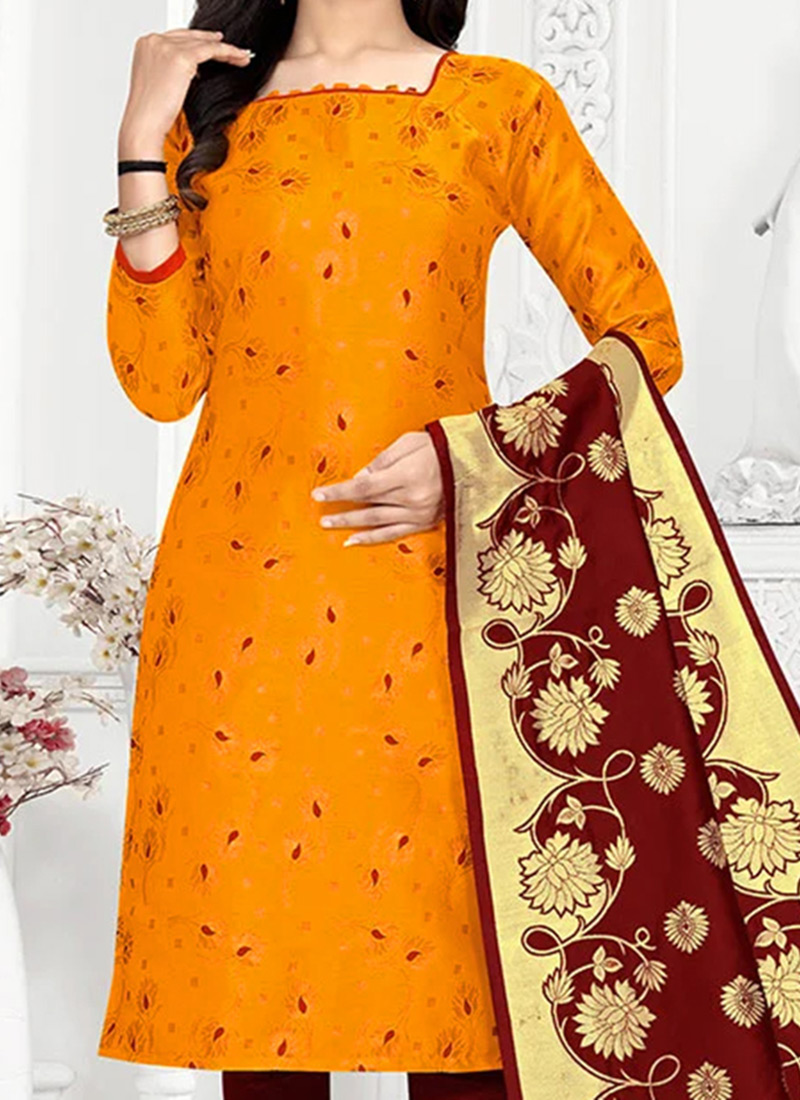 Buy Yellow Benarasi Art Silk Straight Pant Suit Party Wear, Benarasi