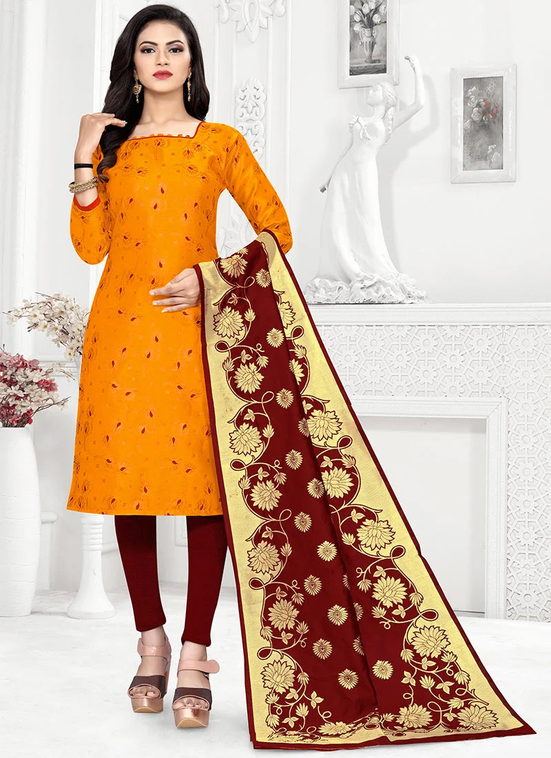 Buy Yellow Benarasi Art Silk Straight Pant Suit Party Wear, Benarasi