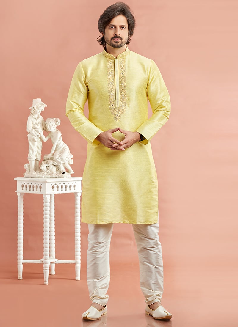 Yellow Benarasi Silk Thread Embroidered Kurta Pyjama