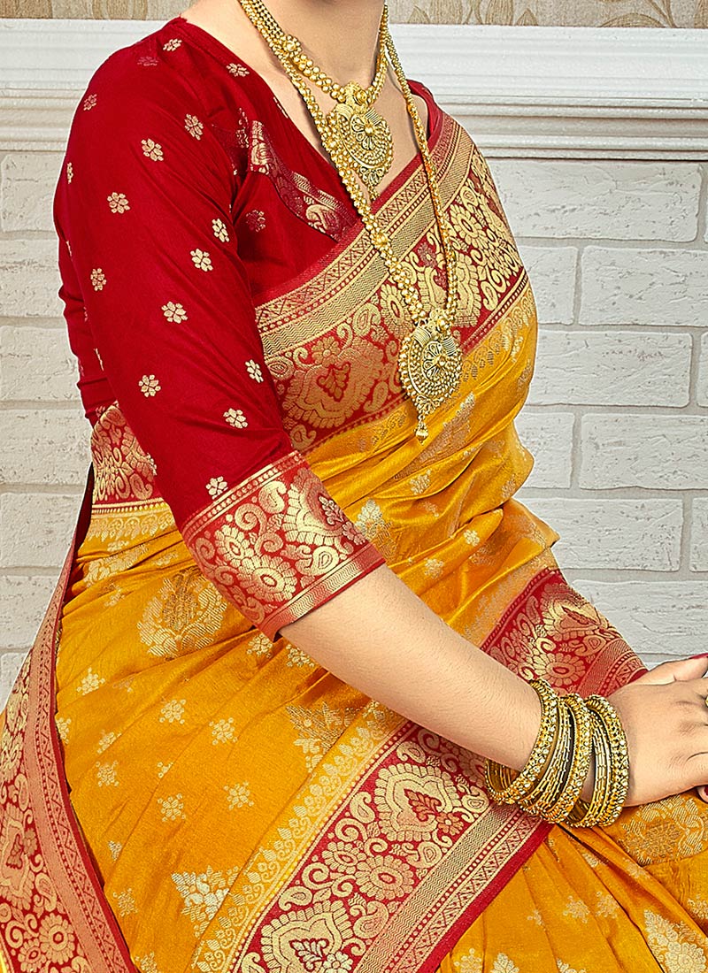Buy Yellow Benarasi Silk Zari Work Saree Festive Wear, Benarasi , Zari