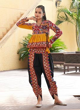 Yellow Black Crepe Mirror And Kutch Work Indowestern Dhoti Set