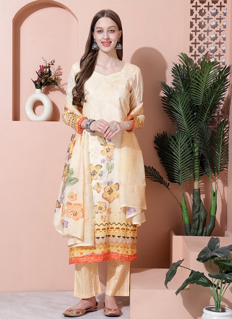 Yellow Blended Cotton Digital Print Straight Pant Suit After Six Wear