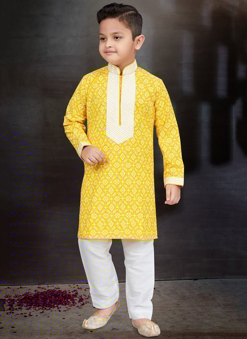 Yellow Blended Cotton Printed Kids Boys Kurta Pyjama Festive Wear