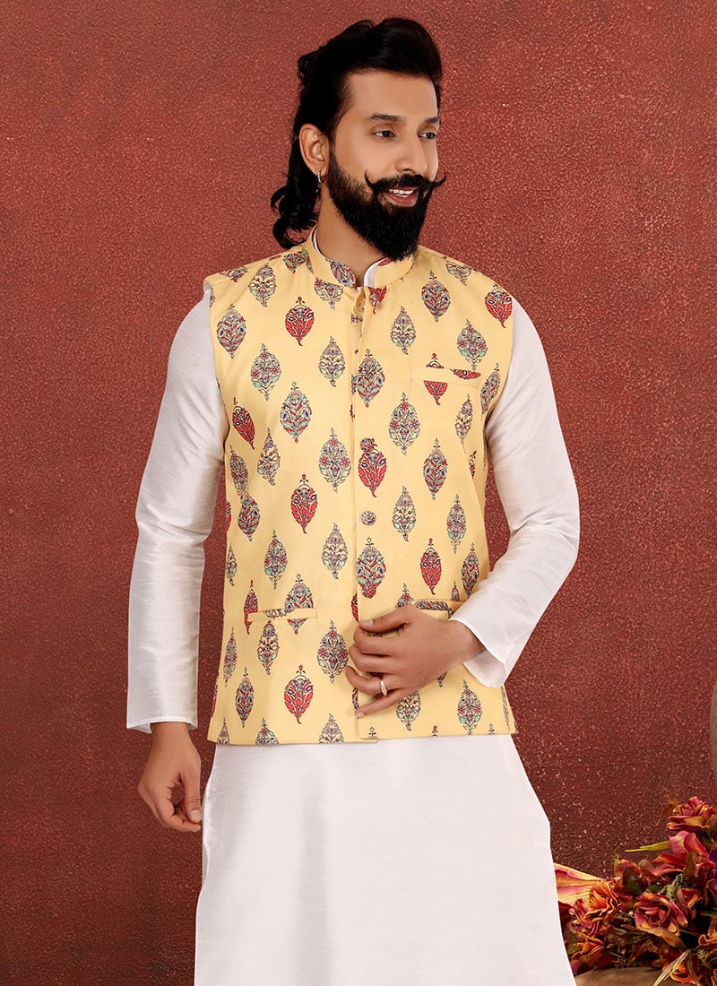 Yellow Blended Cotton Printed Nehru jacket