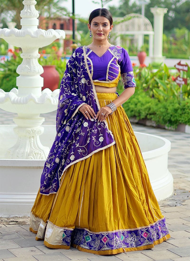 Yellow Blended Cotton Sequins Embroidered Gota Chaniya Choli Festive Wear