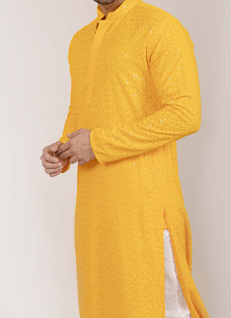 Yellow Hand-Sewn Sequin Men's Kurta Pyjama for Haldi