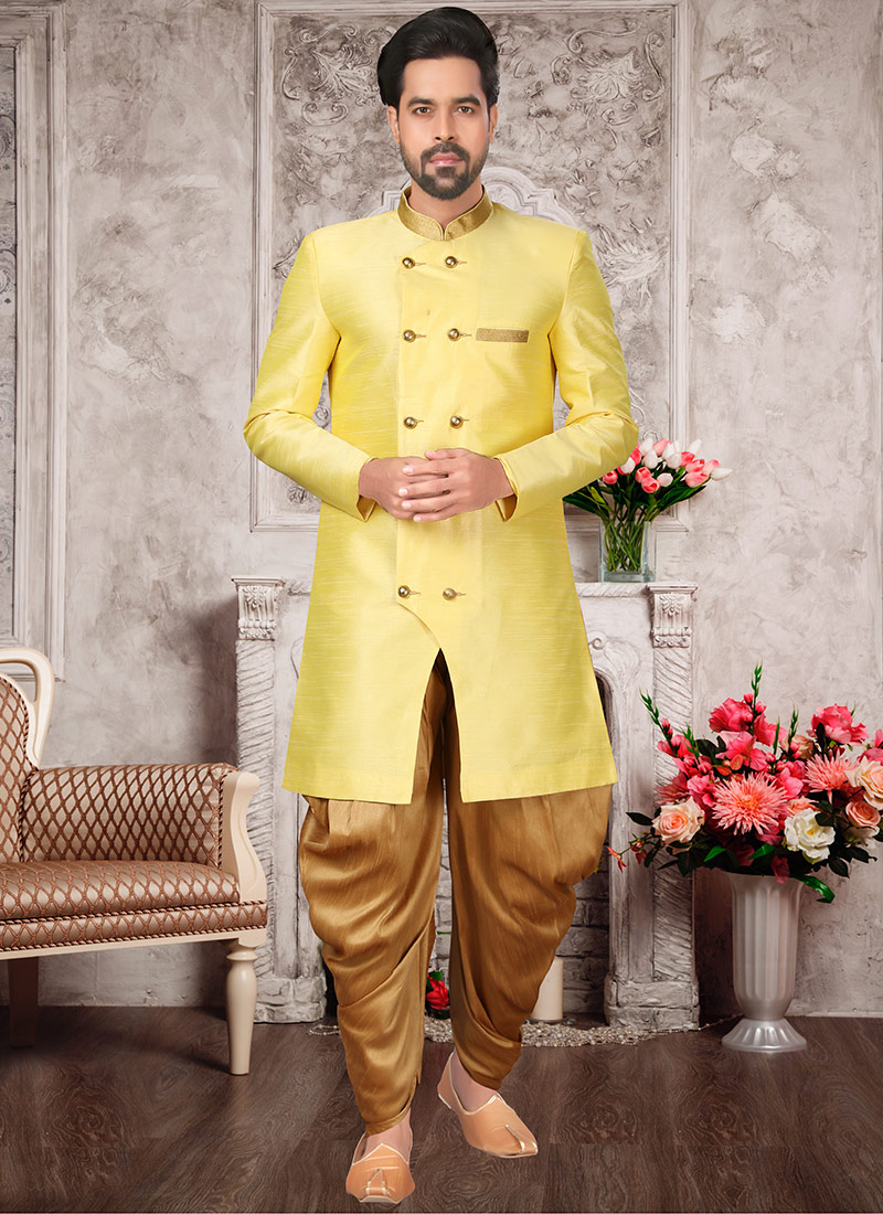 Yellow Brocade Silk Classic Sherwani