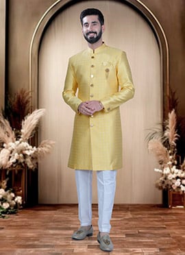 Yellow Brocade Zari Indowestern Sherwani  For Men