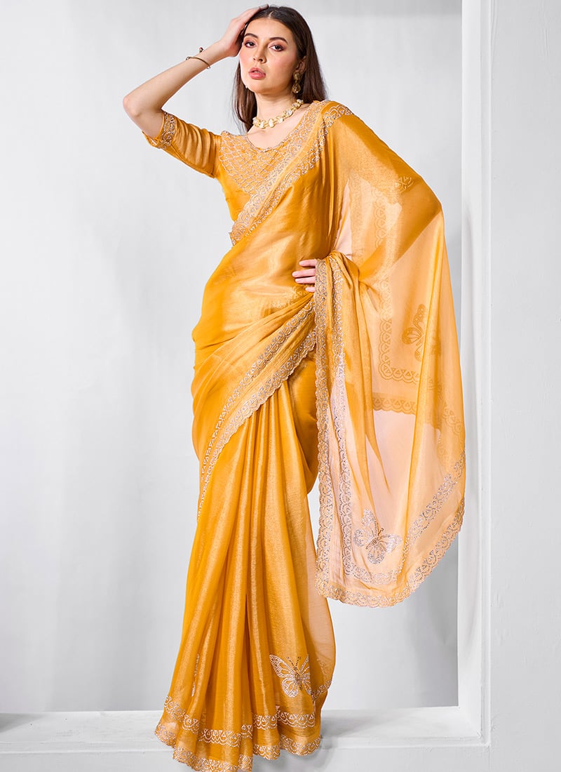 Yellow Burburry Silk Stones Saree Festive Wear