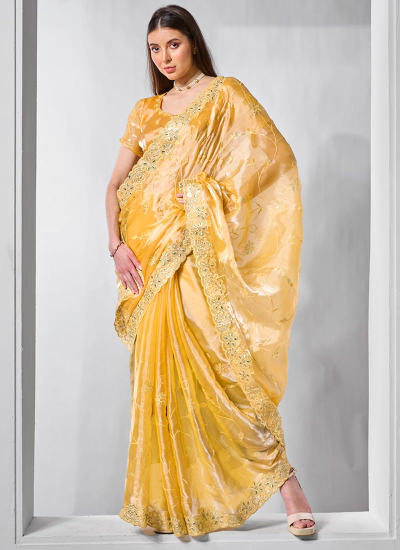 Yellow Burburry Silk Thread Embroidered And Sequins Saree