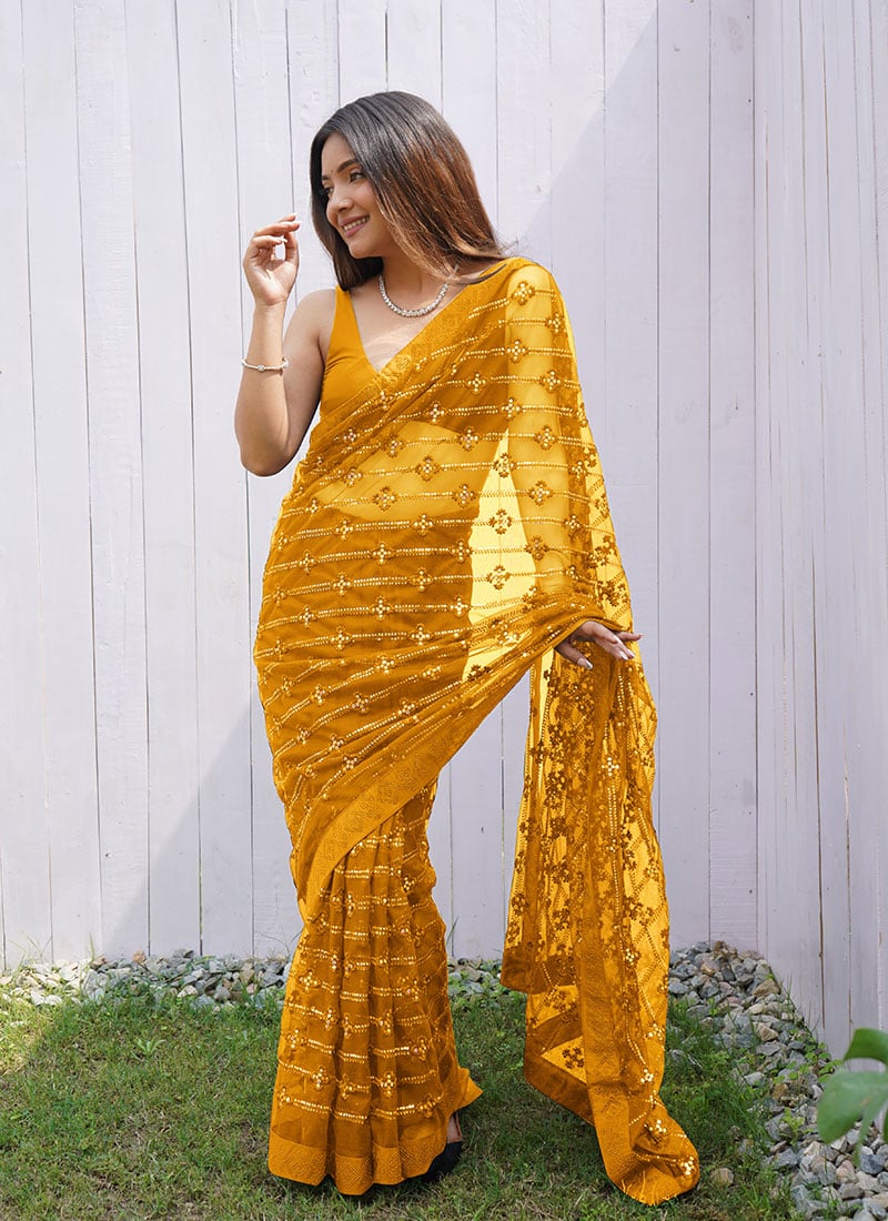 Yellow Butterfly Net Stone Work Sequins Saree After Six Wear