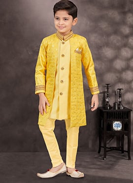 Yellow Champion Banarasi Silk Thread Sequins Kids Boys Indowestern Sherwani