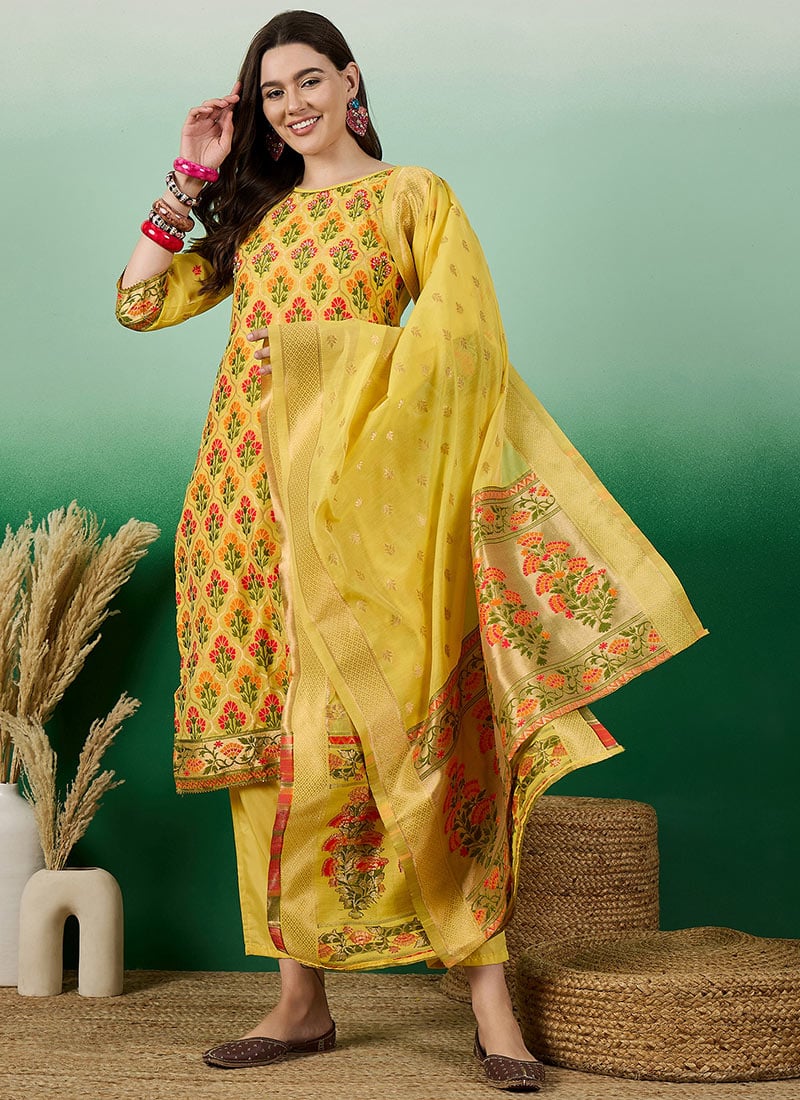 Yellow Chanderi Cotton Jacquard Straight Pant Suit Festive Wear