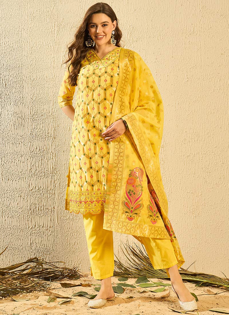 Yellow Chanderi Cotton Jacquard Straight Pant Suit Festive Wear