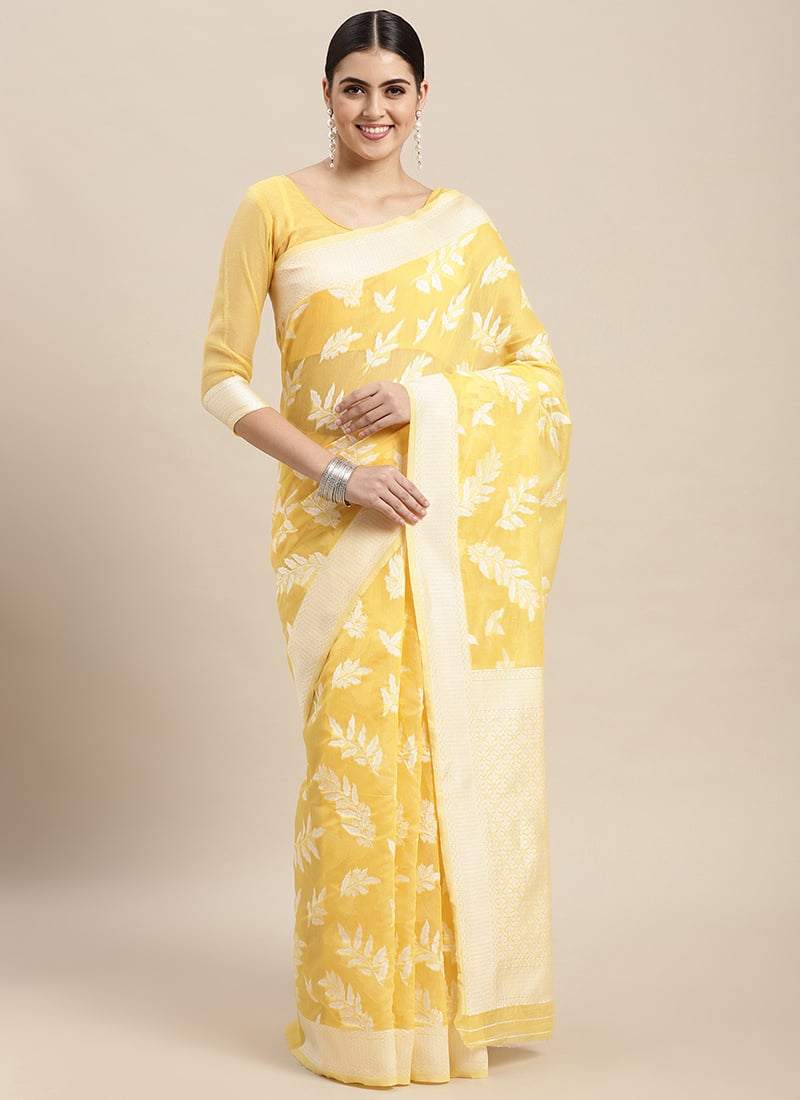 Yellow Chanderi Cotton Weaving Jacquard Saree Work Wear