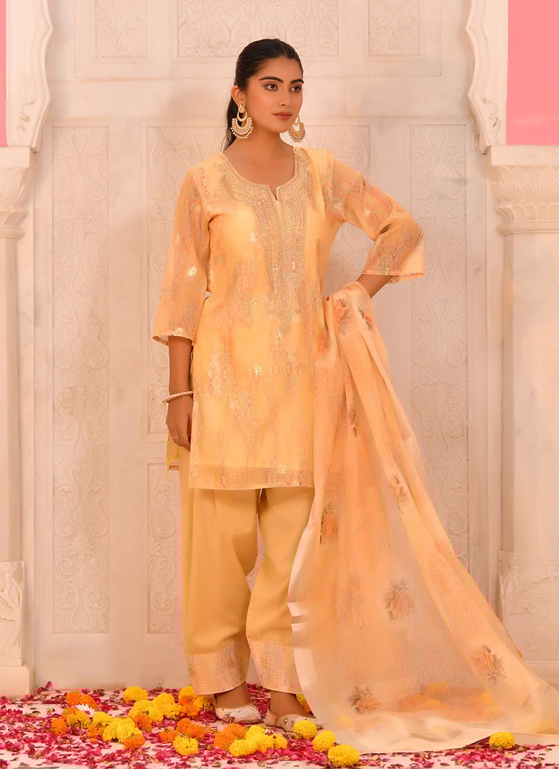 Yellow Chanderi Cotton Zari Sequins And Beads Palazzo Suit After Six Wear