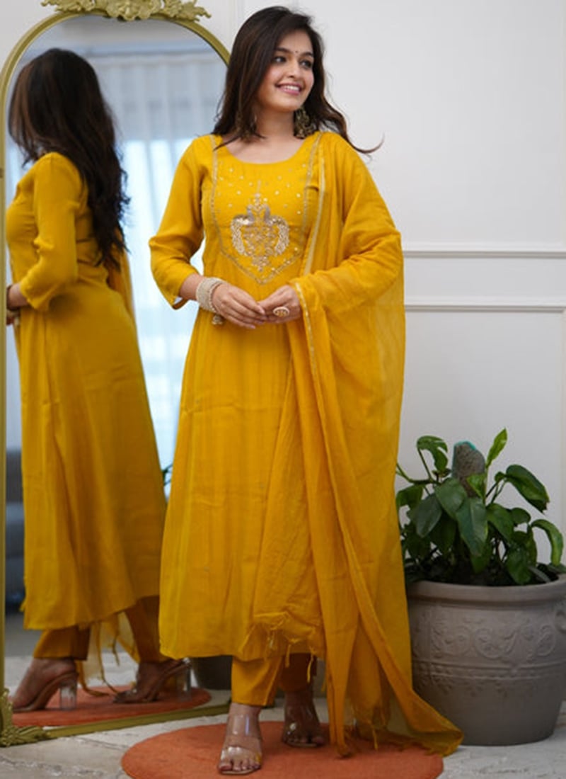 Yellow Chanderi Embroidered Anarkali Suit After Six Wear