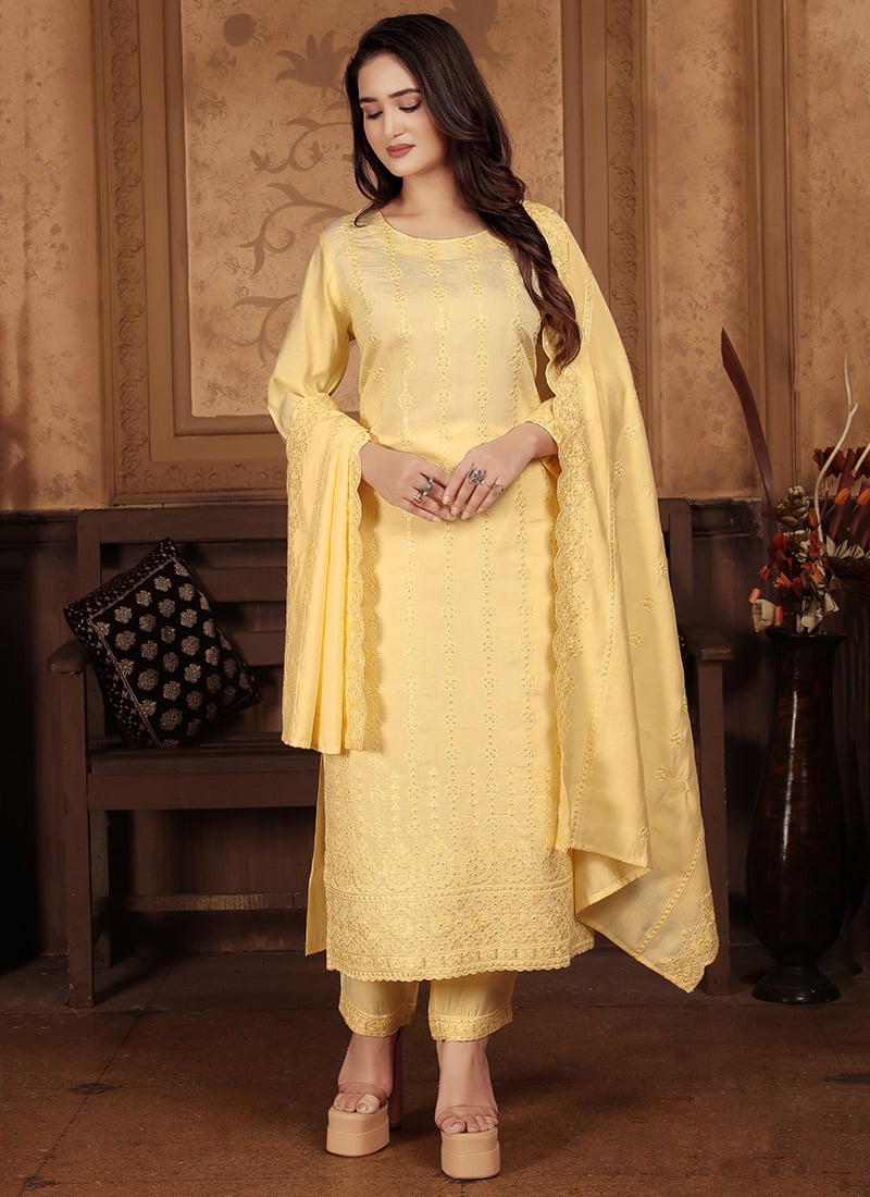 Yellow Chanderi Embroidered Sequins Straight Pant Suit Festive Wear