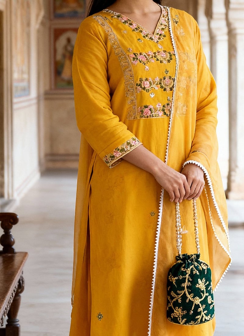 Yellow Embroidered Chanderi Silk Straight Suit With Dupatta