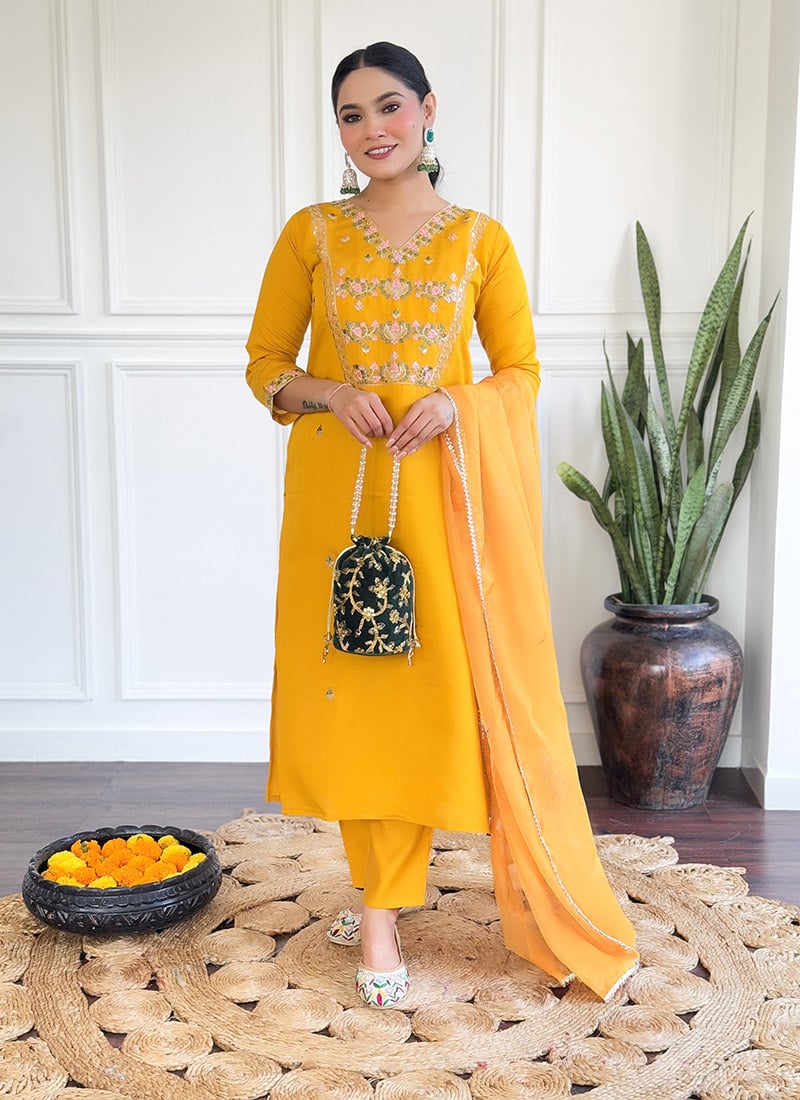 Yellow Chanderi Silk Embroidered Sequins Straight Pant Suit