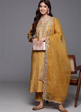 Yellow Chanderi Silk Embroidered Sequins Straight Pant Suit