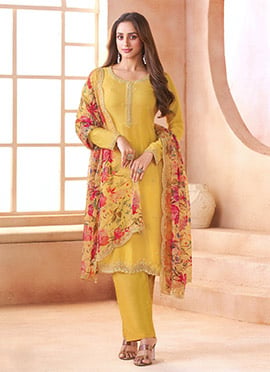 Yellow Chiffon Embroidered Sequins Straight Pant Suit