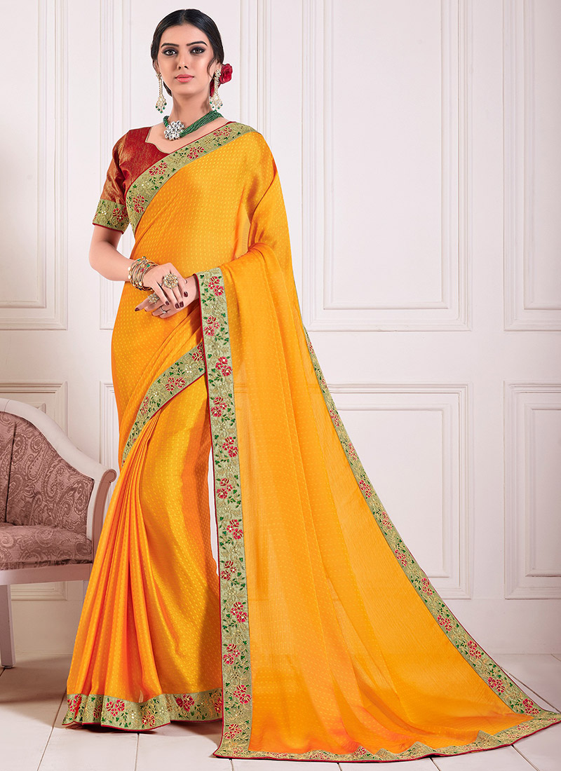 Yellow chiffon saree online Clearance