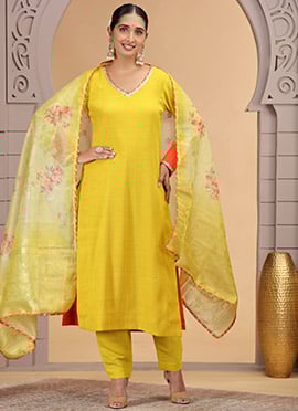 Yellow Chiffon Sequins Beads Digital Print Straight Pant Suit Festive Wear