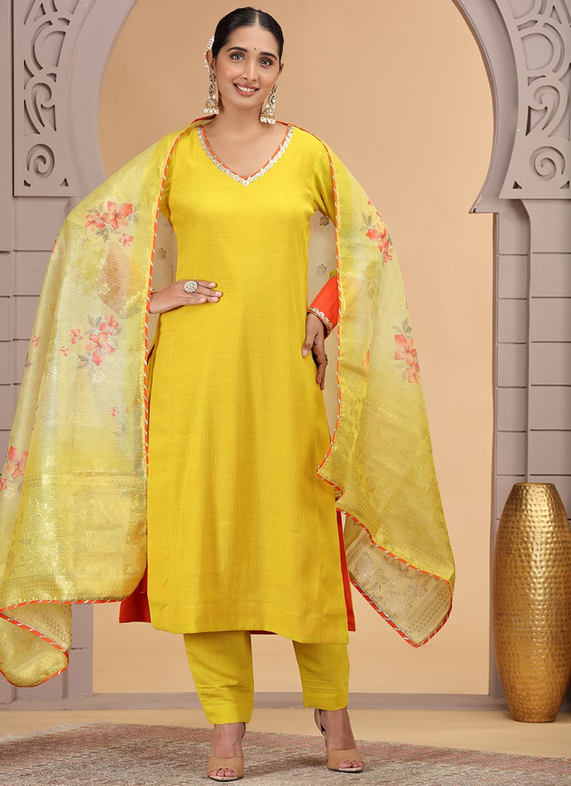 Yellow Chiffon Sequins Beads Digital Print Straight Pant Suit Festive Wear