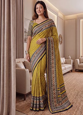 Yellow Chinon Ajrak Mirror Work Saree