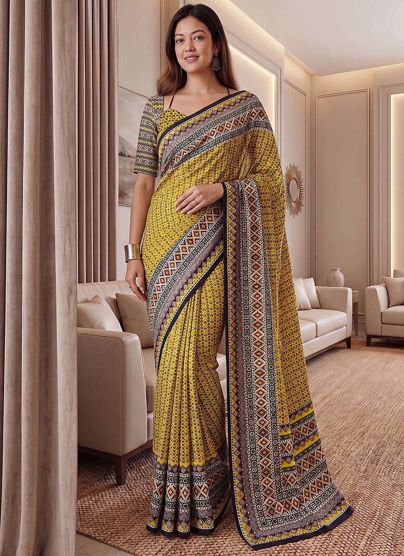 Yellow Chinon Ajrak Mirror Work Saree Festive Wear