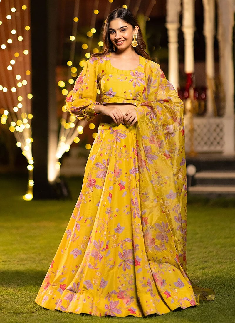 Yellow Chinon Digital Floral Print Lehenga After Six Wear