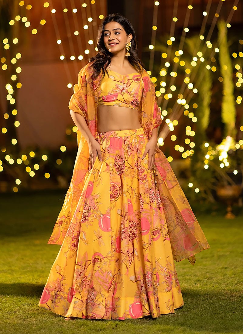 Yellow Chinon Digital Floral Print Lehenga