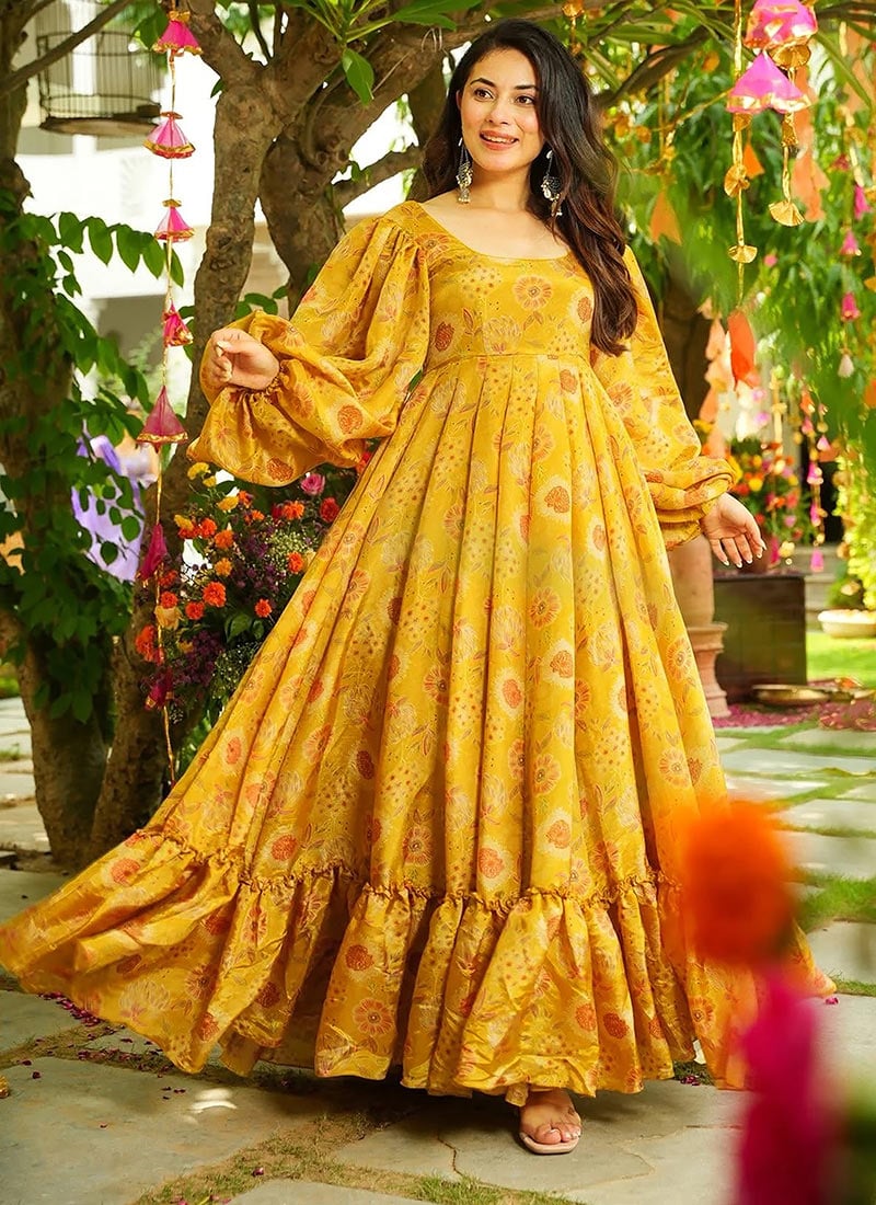 Yellow Chinon Digital Print Anarkali Gown After Six Wear