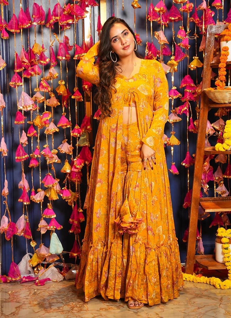 Yellow Chinon Digital Print Co ord sets After Six Wear