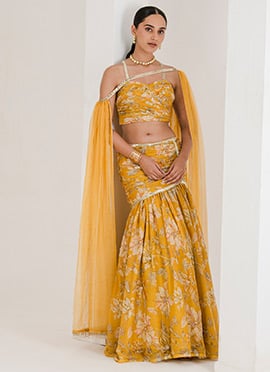 Yellow Chinon Digital Print Hand Embroidered Sequins With Beads Work Fish Cut Lehenga