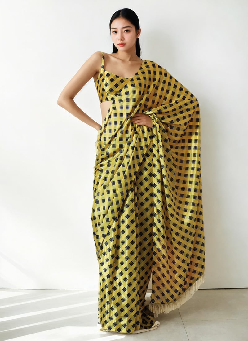 Yellow Chinon Digital Print Pre Draped Saree After Six Wear