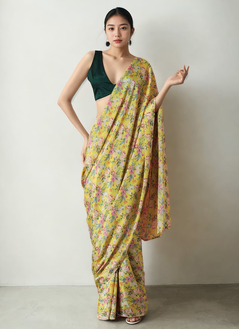 Yellow Chinon Digital Print Pre Draped Saree After Six Wear