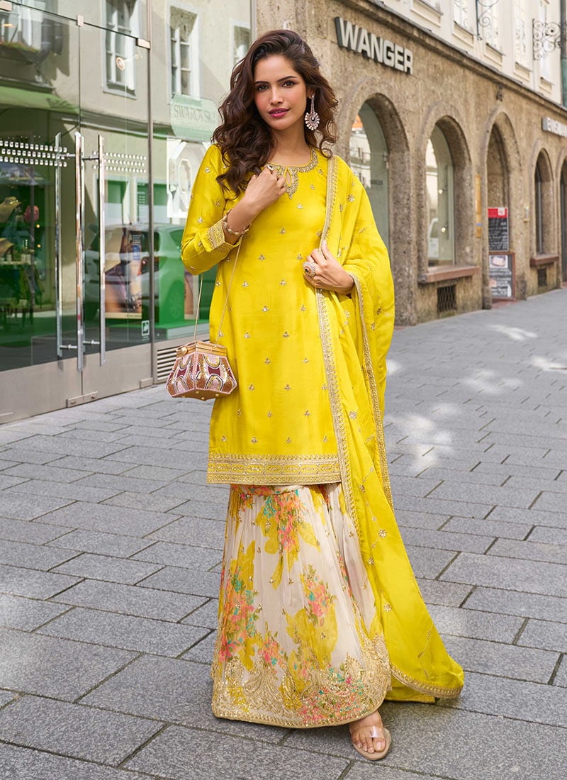 Yellow Chinon Digital Print Sharara Suit Festive Wear-SLSCC57797580