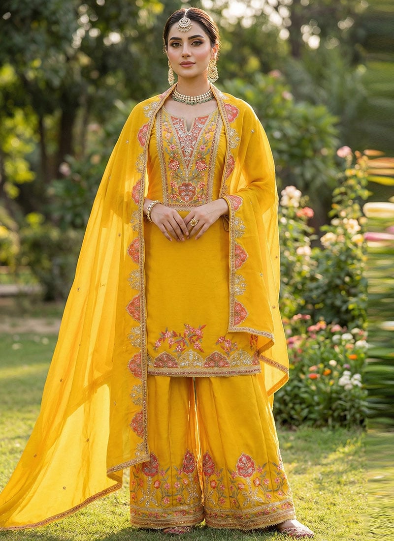Yellow Chinon Embbroidered Sequins Thread Palazzo Suit Festive Wear