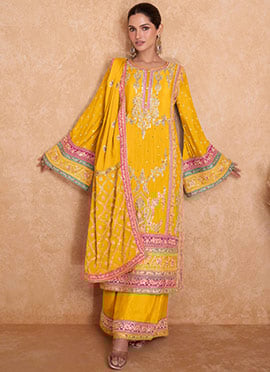 Yellow Chinon Embroidered and Gota Palazzo Suit