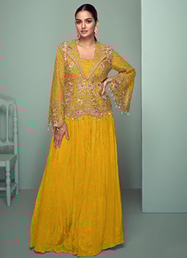 Yellow Chinon Embroidered Indowestern Skirt Set