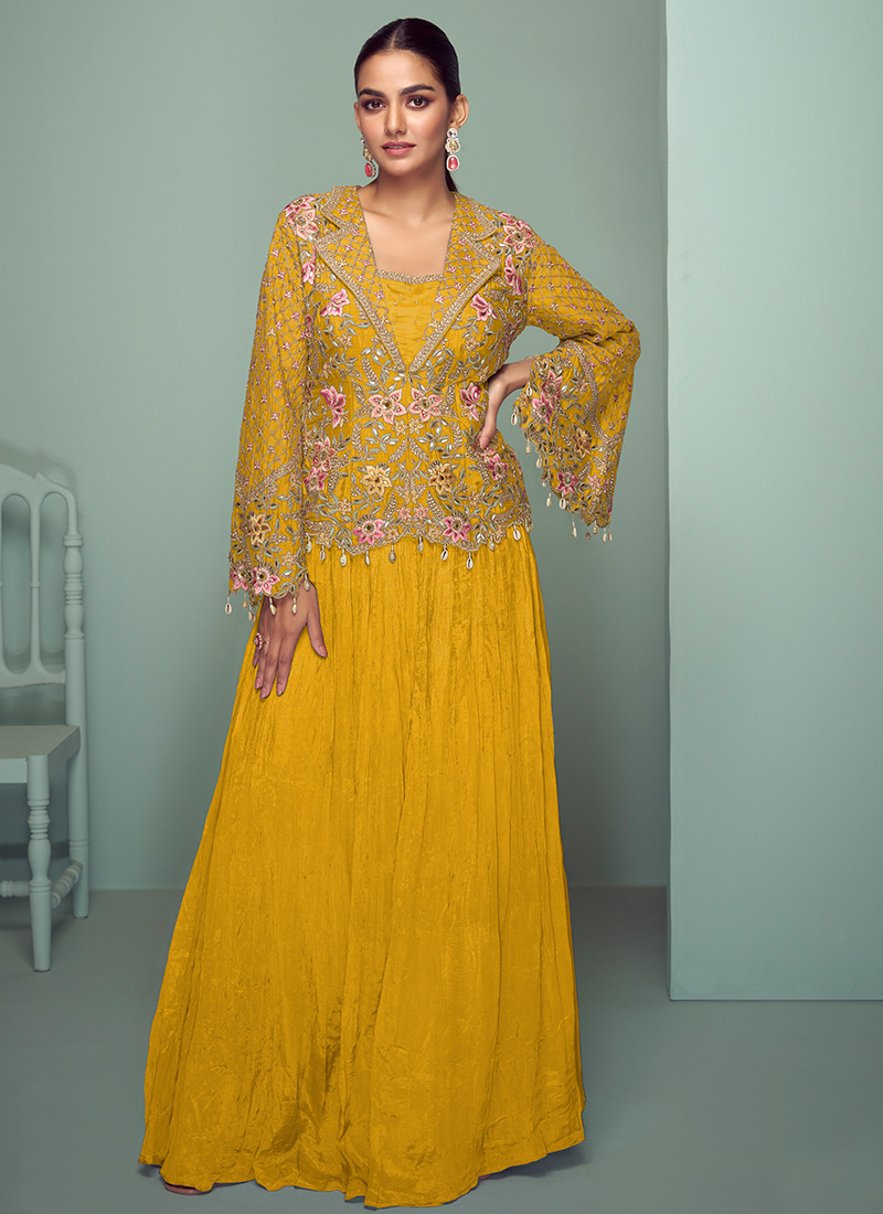 Yellow Chinon Embroidered Indowestern Skirt Set Wedding Wear