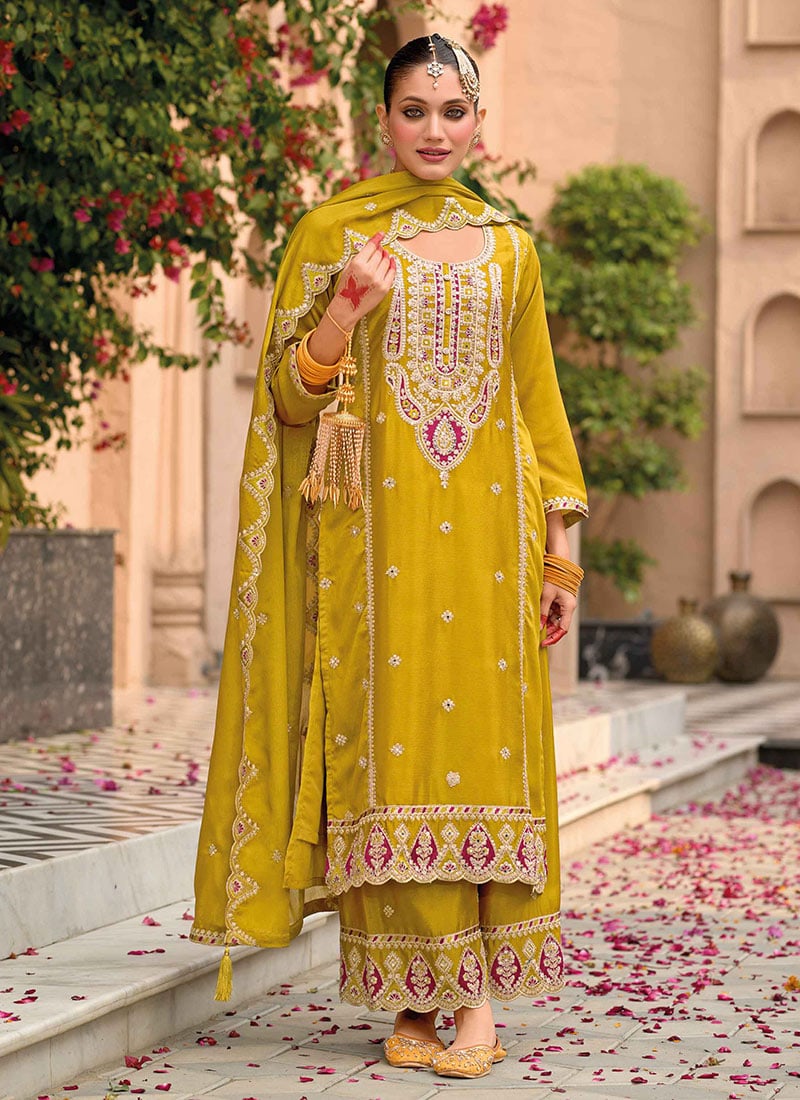 Yellow Chinon Embroidered Mirror Work Sequins Pakistani Palazzo Suit Festive Wear